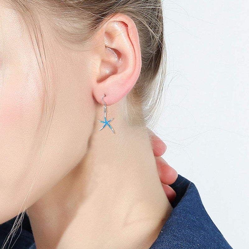 Cuoka Starfish Earrings, 925 Sterling Silver with Blue Opal Fish Hoops Earings, Nautical Hawaiian Sea Beach Earrings, Starfish Jewelry for Women Starfish Lovers - Image 4